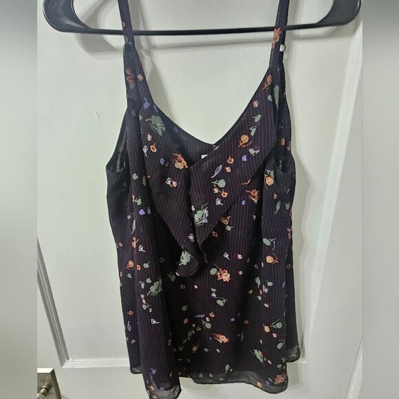 CAbi navy blue floral pinstripe ruffle blouse tank size medium - Picture 1 of 6